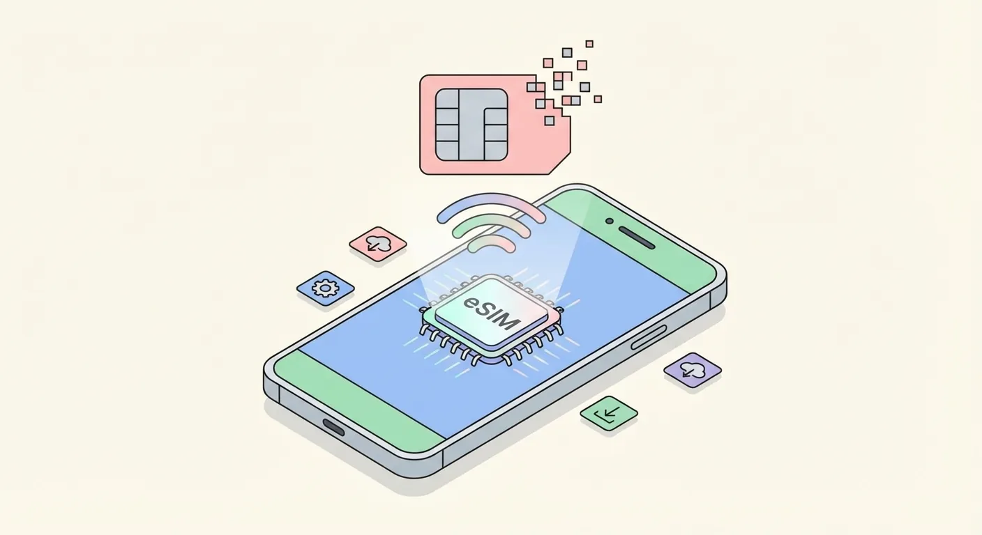 eSIM chip dissolving into digital data
